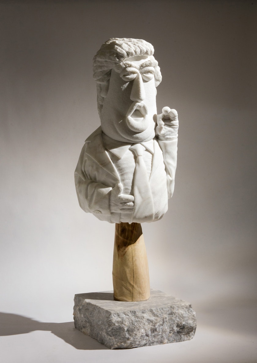 stone carved bust of caricature of donald trump