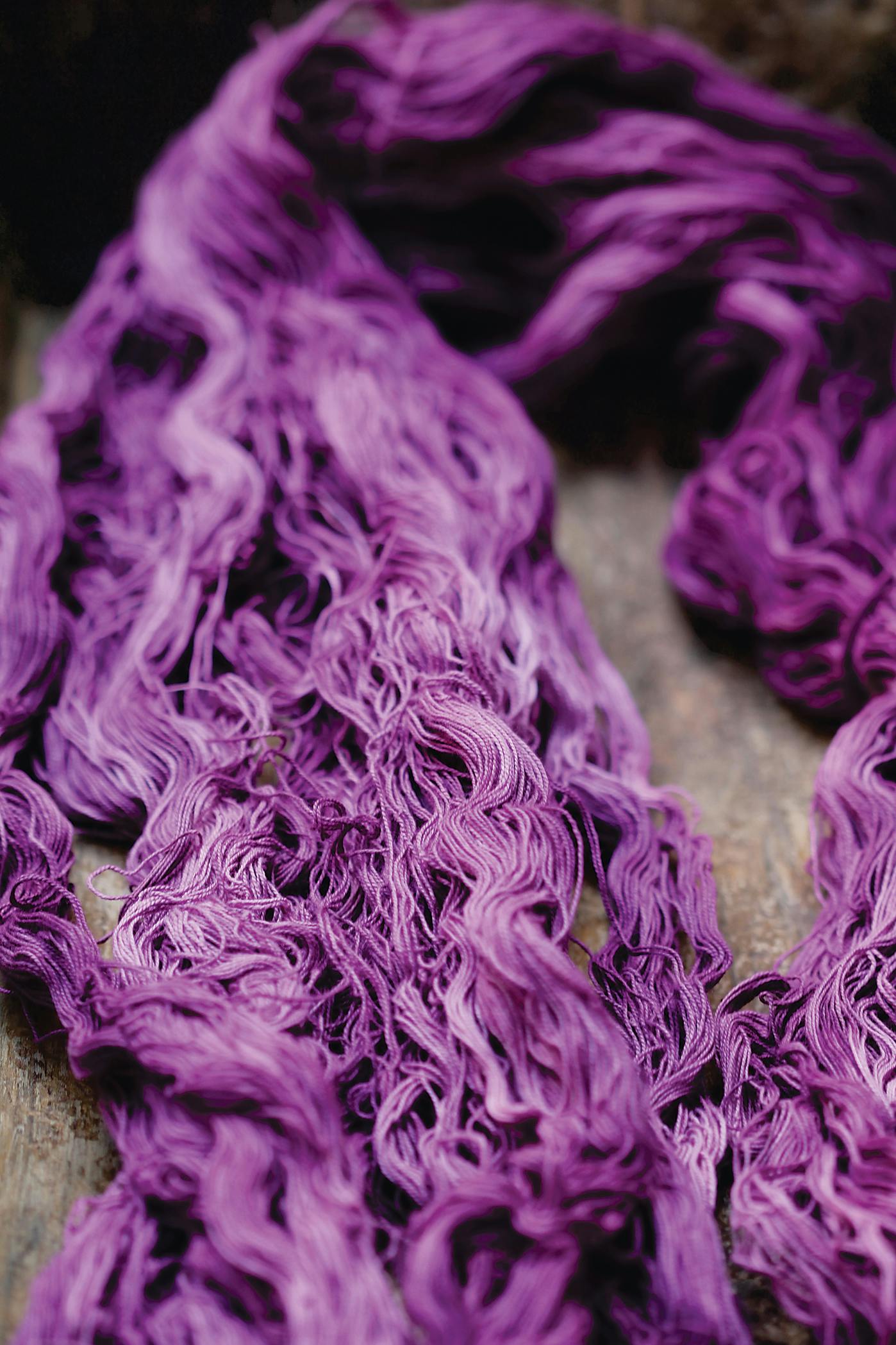 Purple yarn made by a Mixtec dyer using tixinda