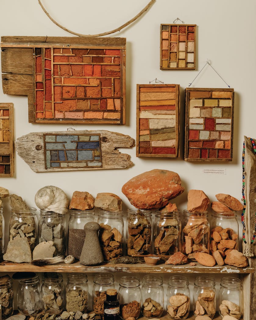 Ochre wall art and jars filled with ochre samples