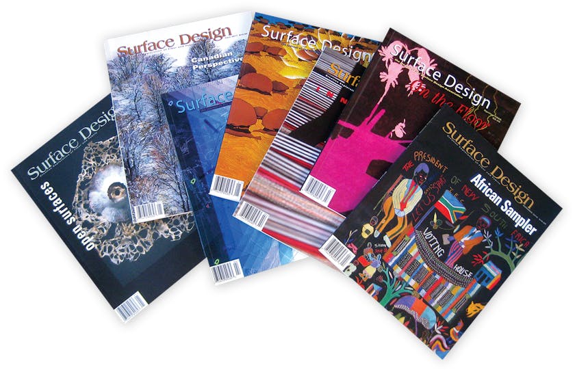 Spread of issues of Surface Design Journal edited by Patricia Malarcher