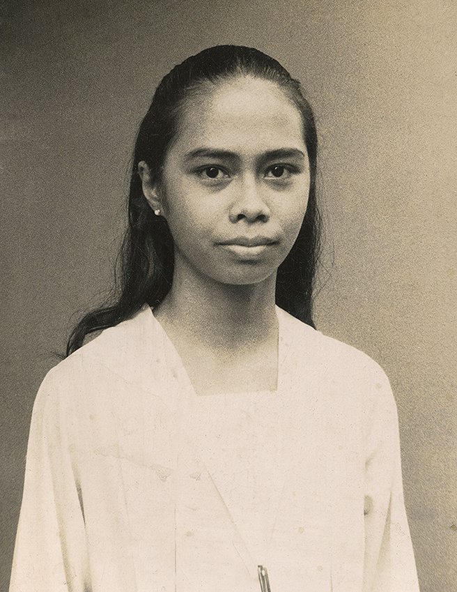 Sepia tone portrait of Lucille Tenazas as a young woman