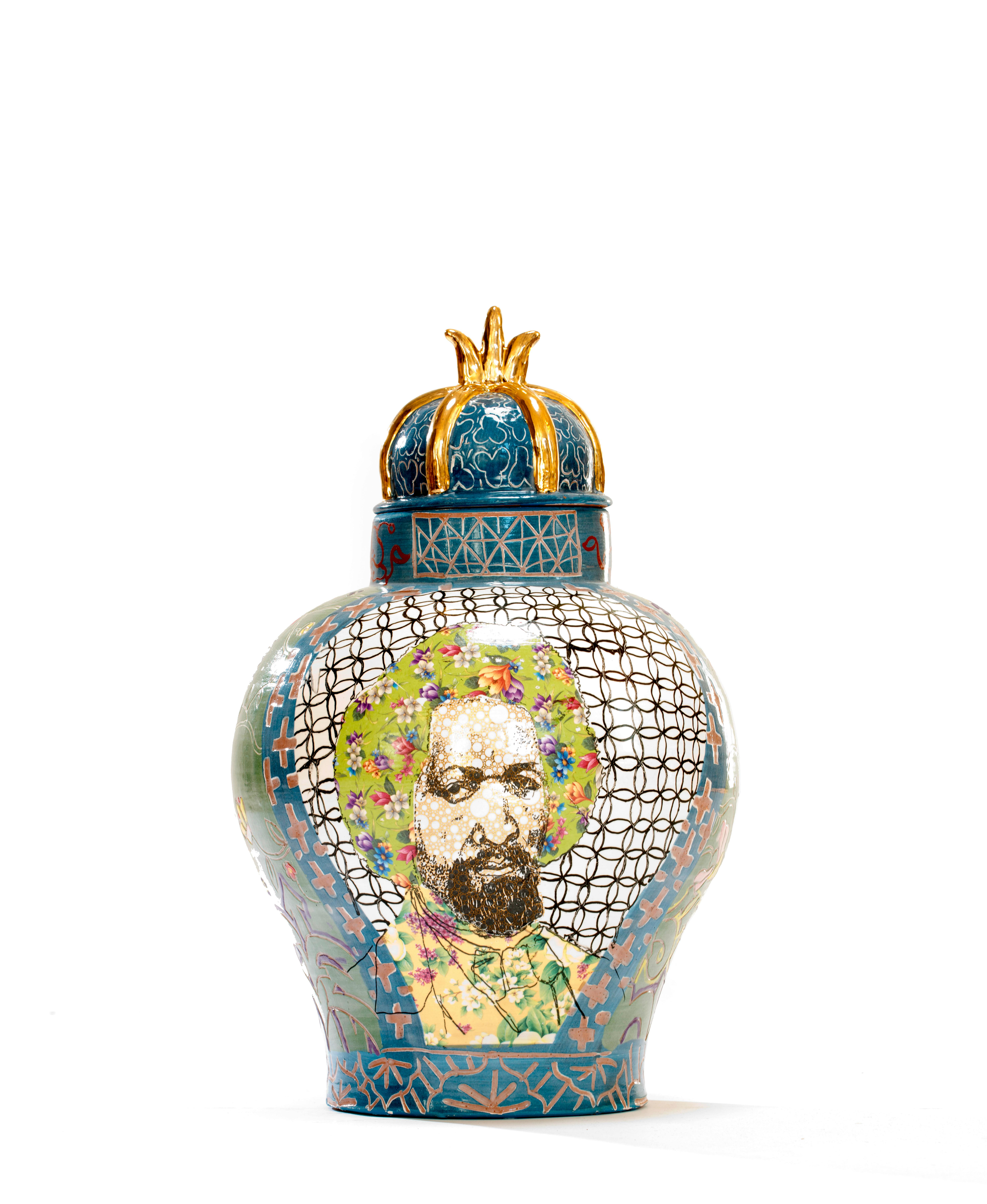 Colorful ceramic urn with face of Frederick Douglass
