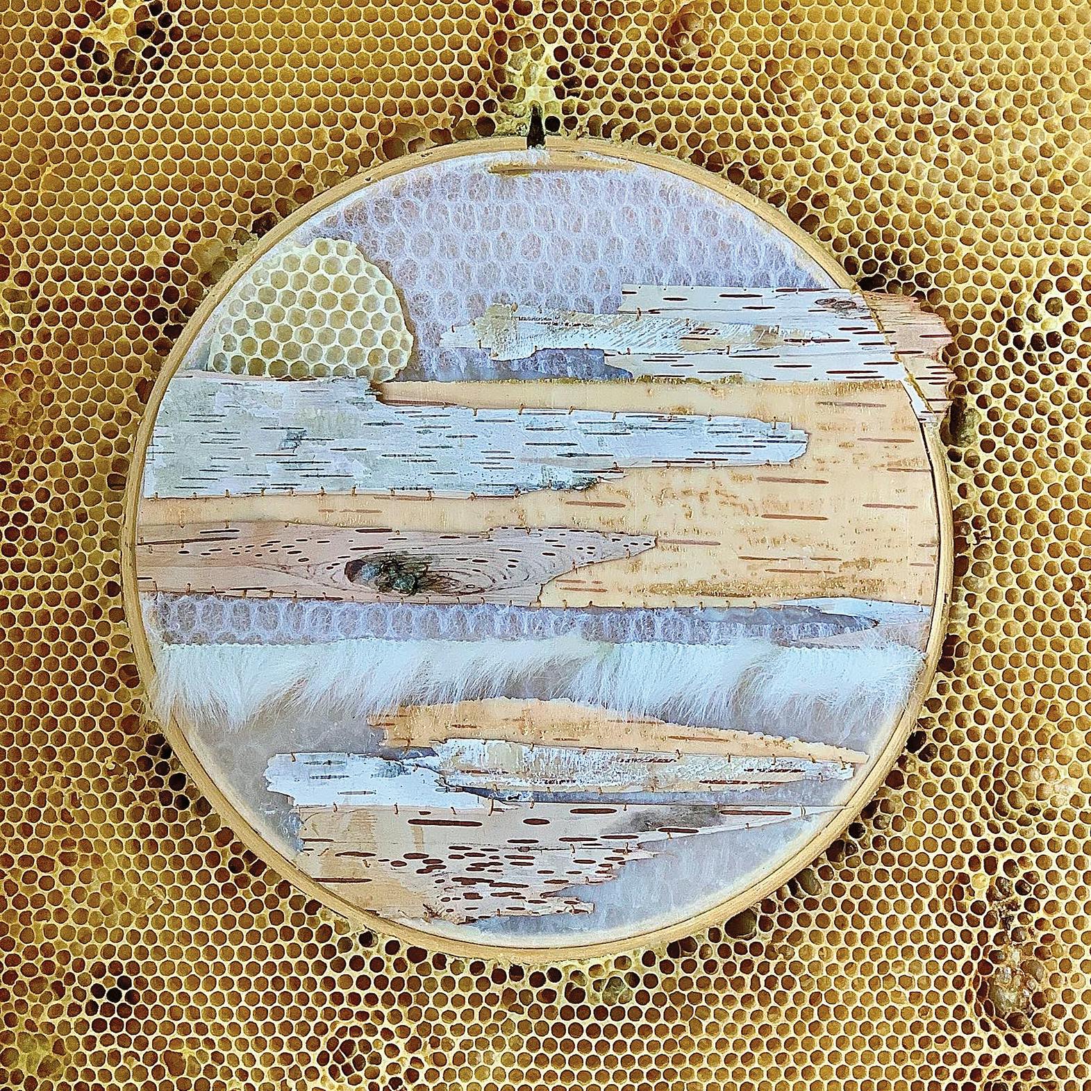 Embroidery hoop with blue fiber and beads embedded in honeycomb with bees