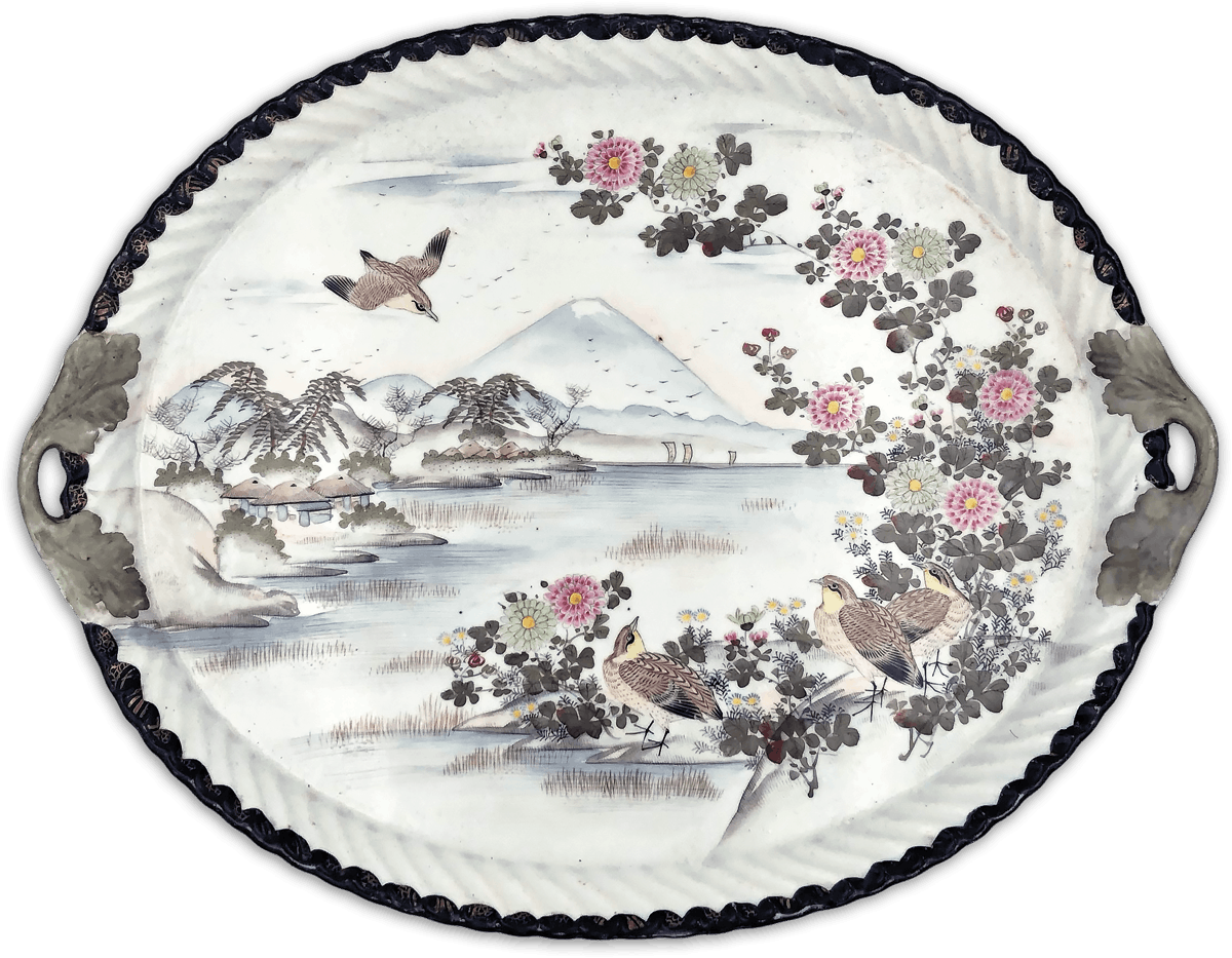 ceramic tea tray with illustration of mountaib lake with birds and flowers