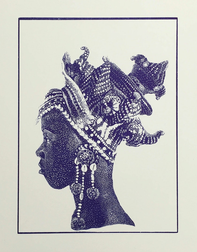 Monotone print of person wearing ornamental crocheted headpiece