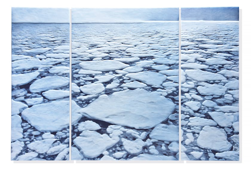 Triptych showing arctic ice breaking up