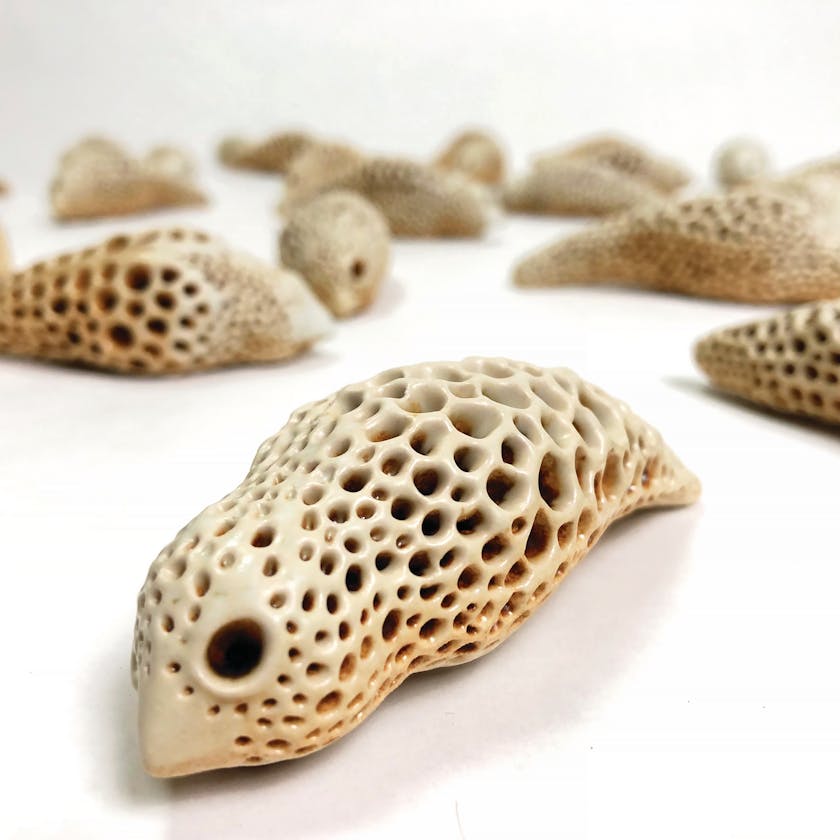 Ceramic canaries sculpted to look like coral skeletons