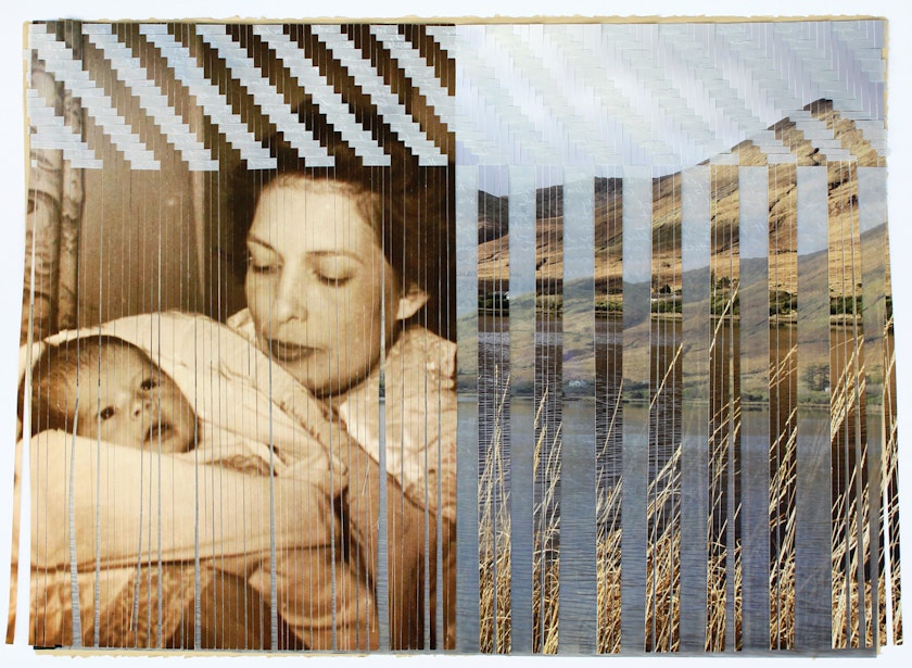 woven collage featuring an vintage photo of a mother and baby and landscape photos of ireland