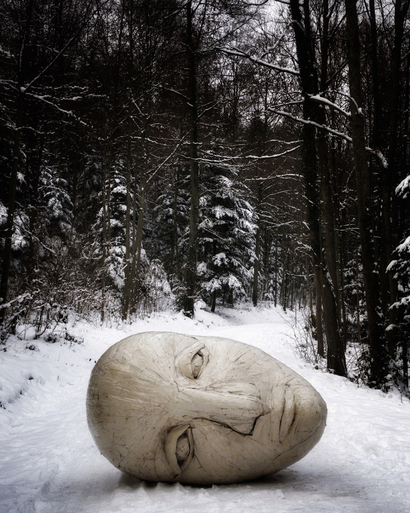large sculpture of a head made from packaging tape laying on its side in the middle of a snowy trail in the forest