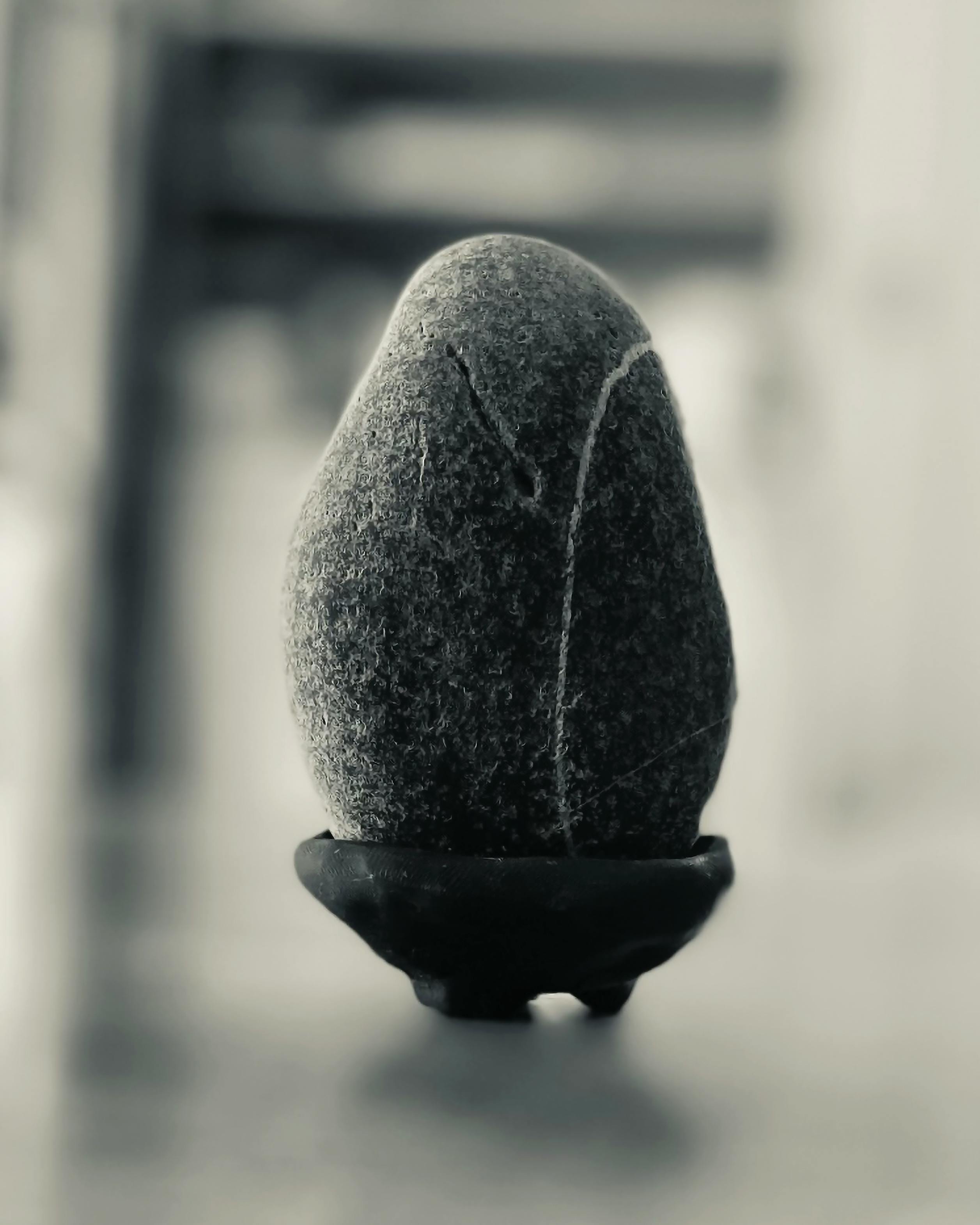 close-up grayscale photo of an egg-shaped river stone mounted on tripod base made from sculpey clay