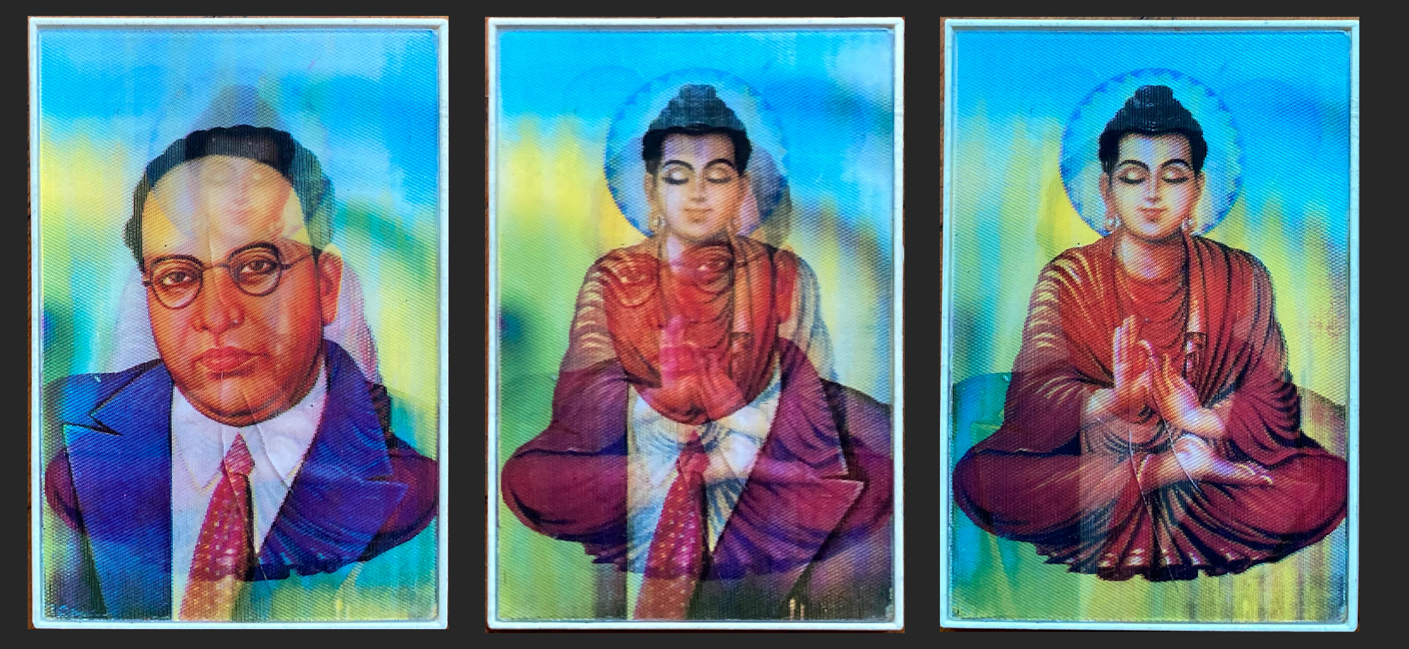 triptych showing the transition between the two phases of a hollographic card with an illustration of a bust of man in a suit on the left and an illustraion of the buddha in a meditation pose on the right