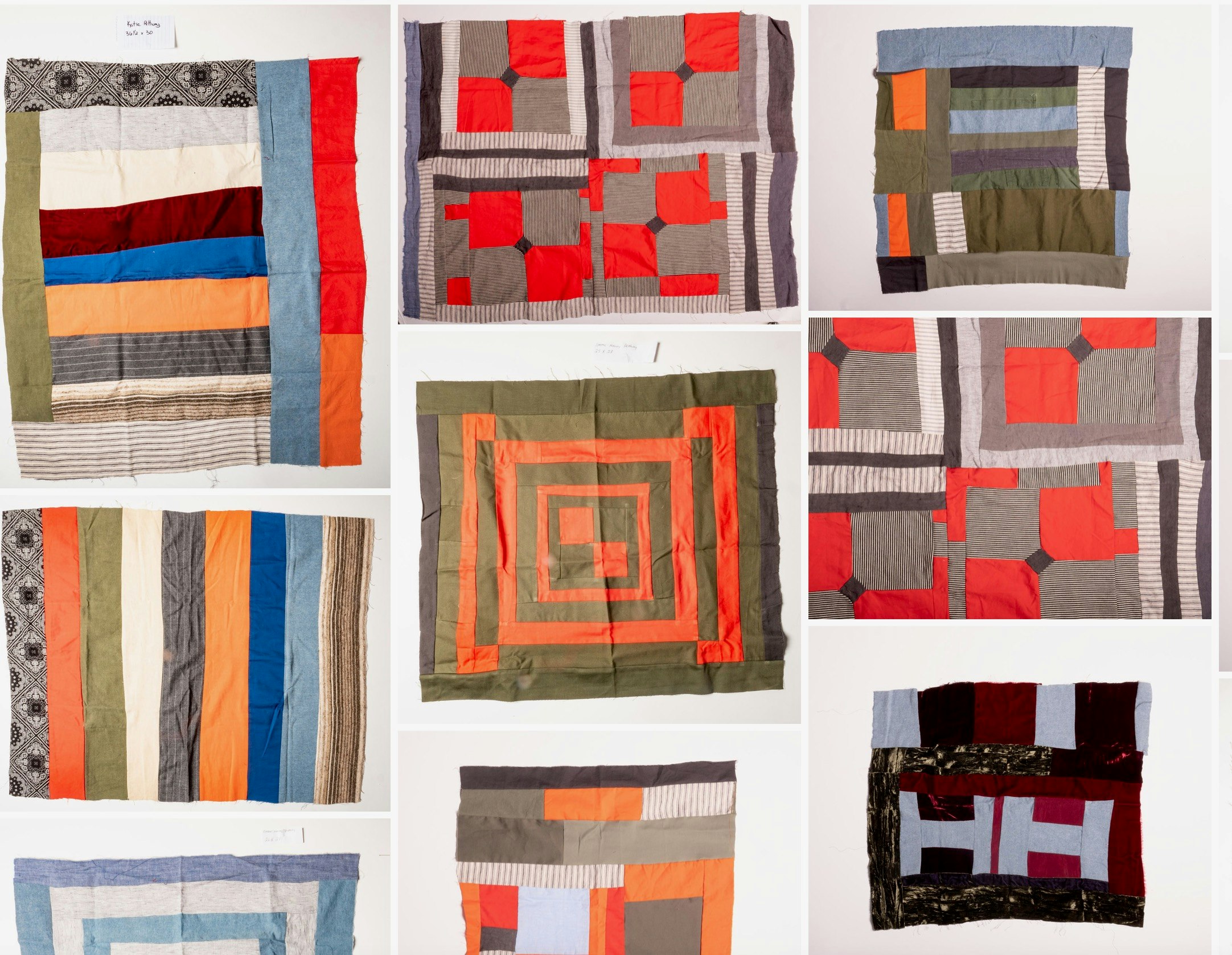 grid showing various samples of patchwork quilts with prominent oragen red blue and earth tones