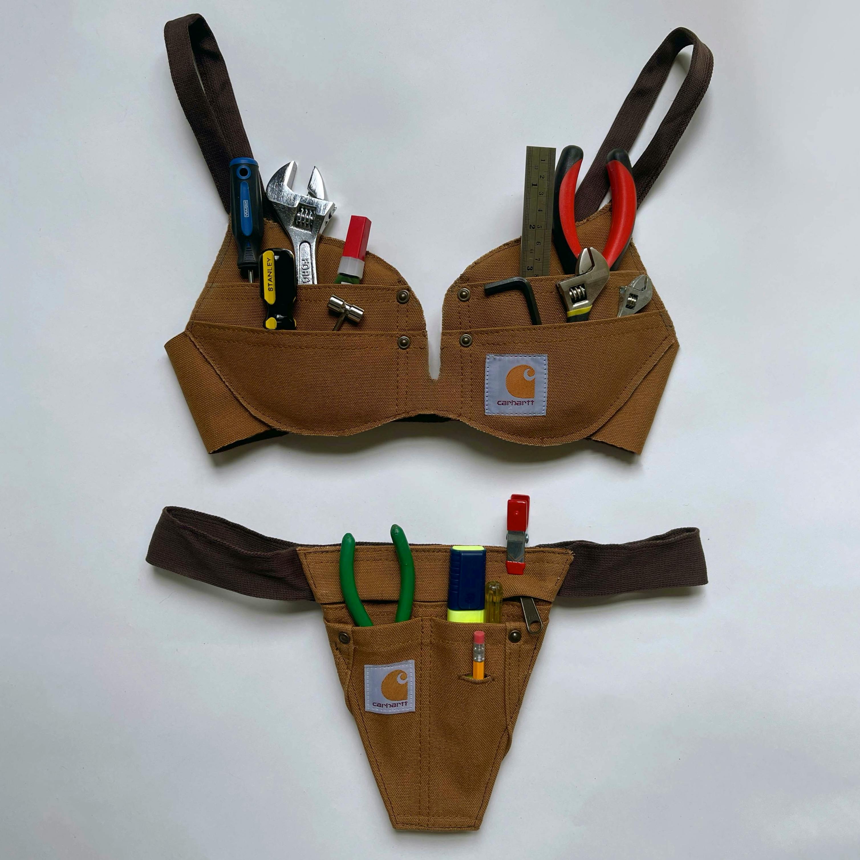 two piece bikini made from carhartt tool belt