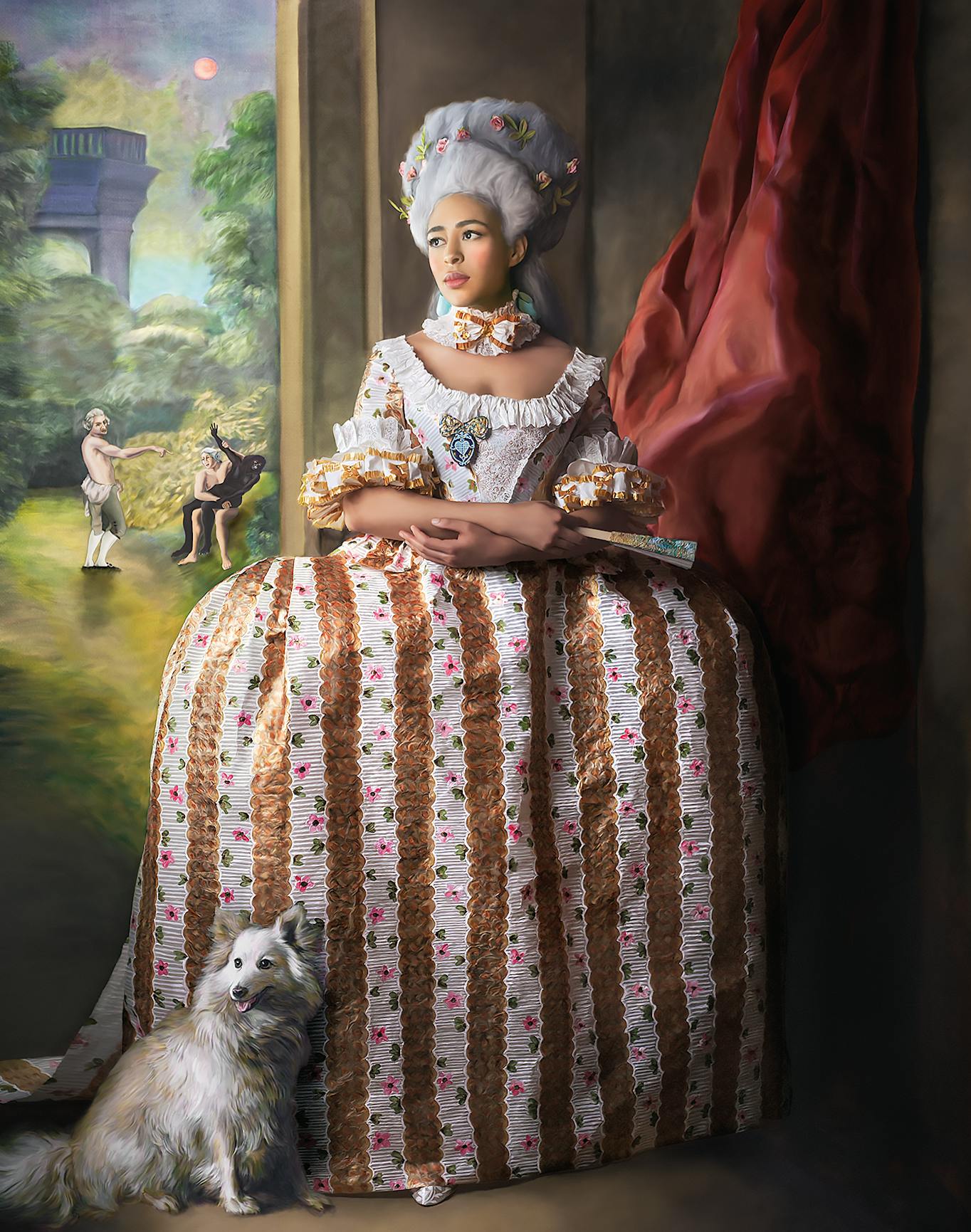 portrait of a model wearing an ornate paper dress posing beside a window that appears as a painting portraying a rape scene