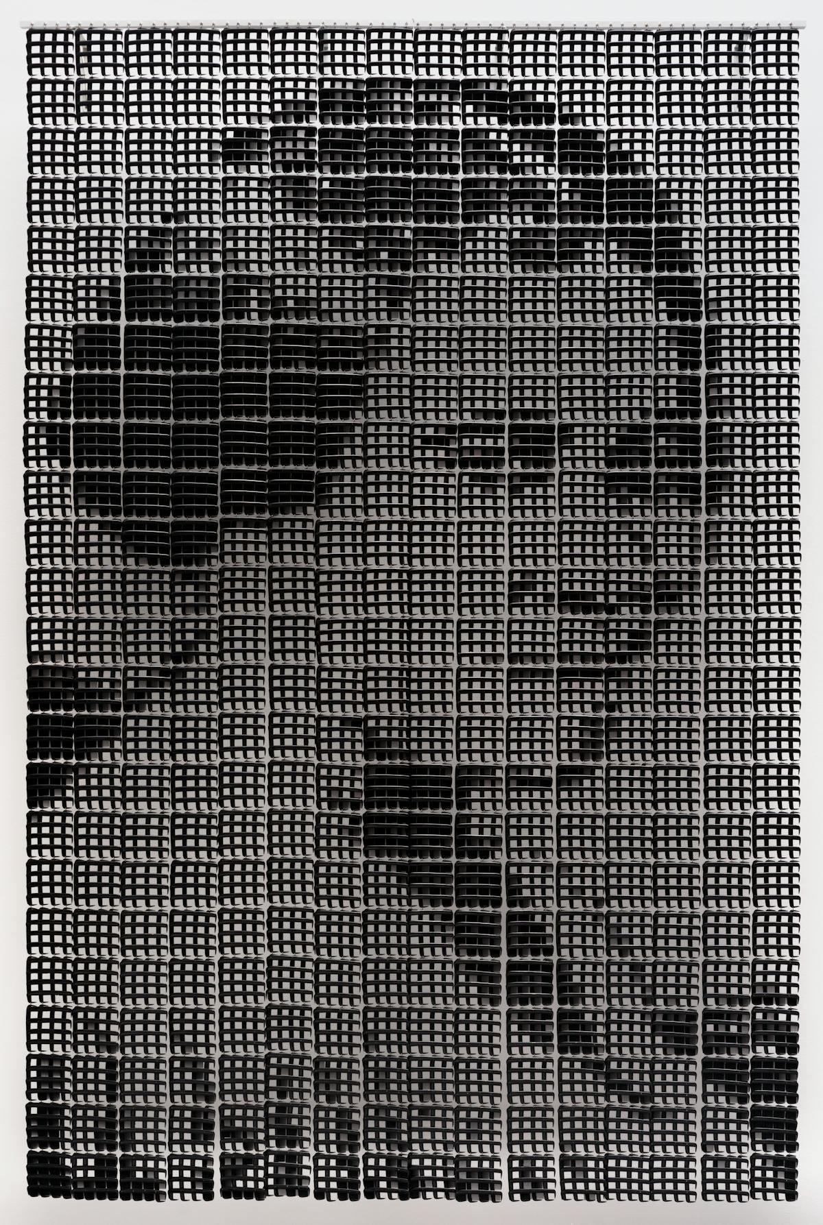 portrait of a woman made from a grid of black plastic hair combs