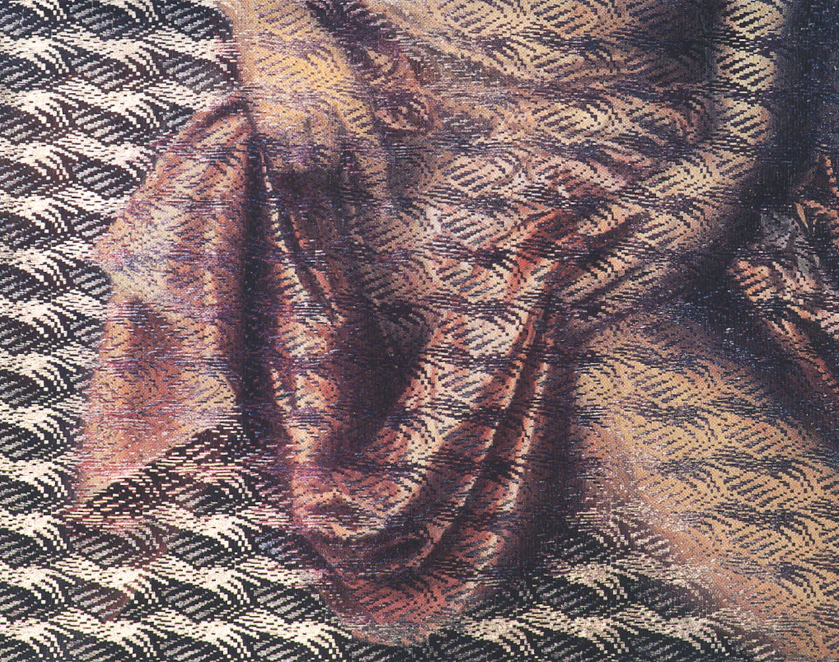 textile showing hands pulling back fabric from thigh with hand motif overlaid