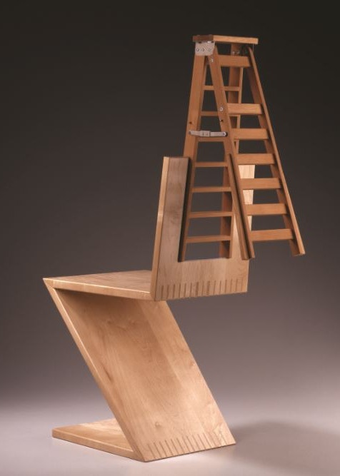 artistic wood sculpture with a zig zagging platform of a wood with a ladder built into the top