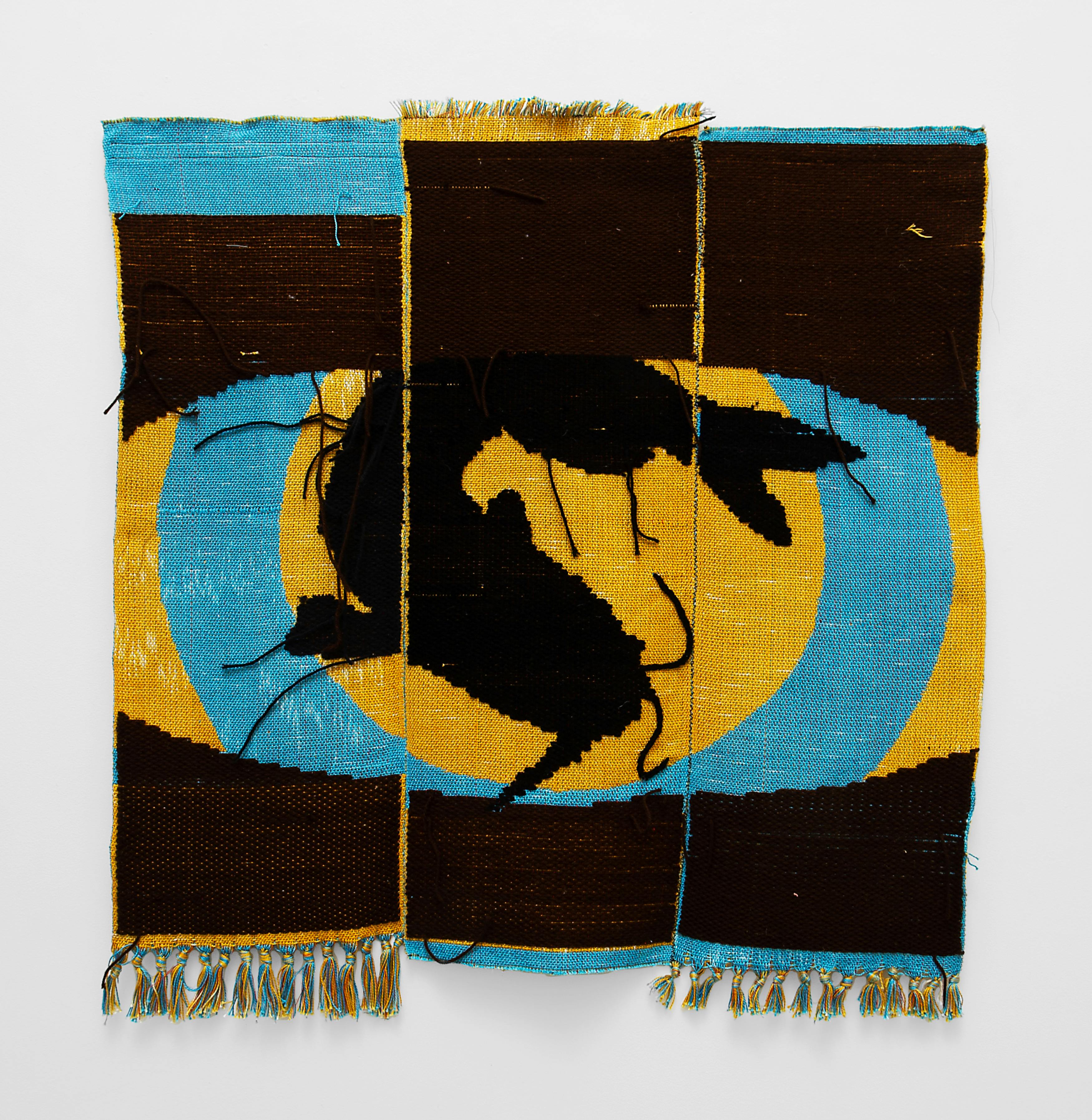 teal black and yellow weaving depicting a catfish