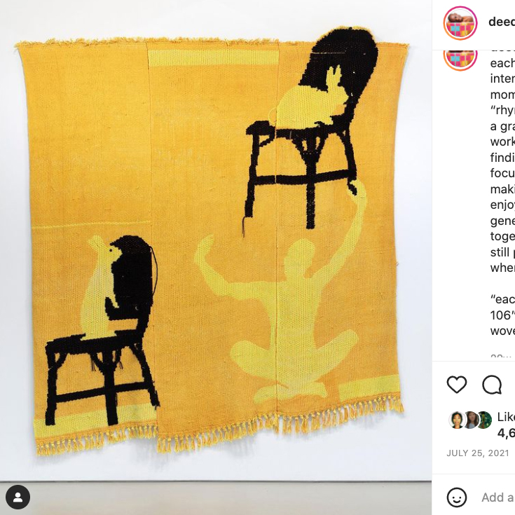 screenshot of an instagram post showing a yellow and black weaving featuring chairs rabbits and a person in crosslegged position
