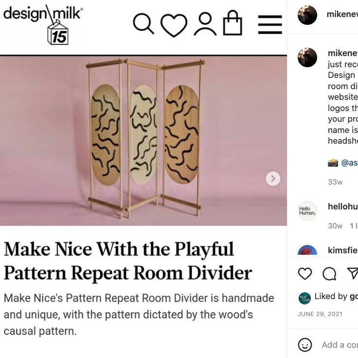 screenshot of an instagram post showing a wooden room divider with oval panels that have black squiggles on them