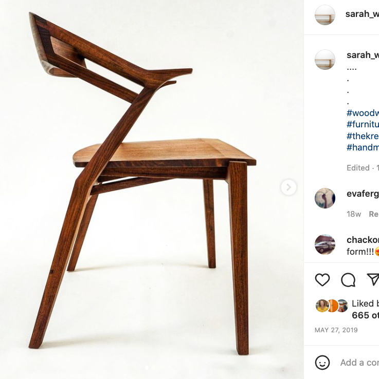 screenshot of an instagram post showing a modern designed handmade wooden chair
