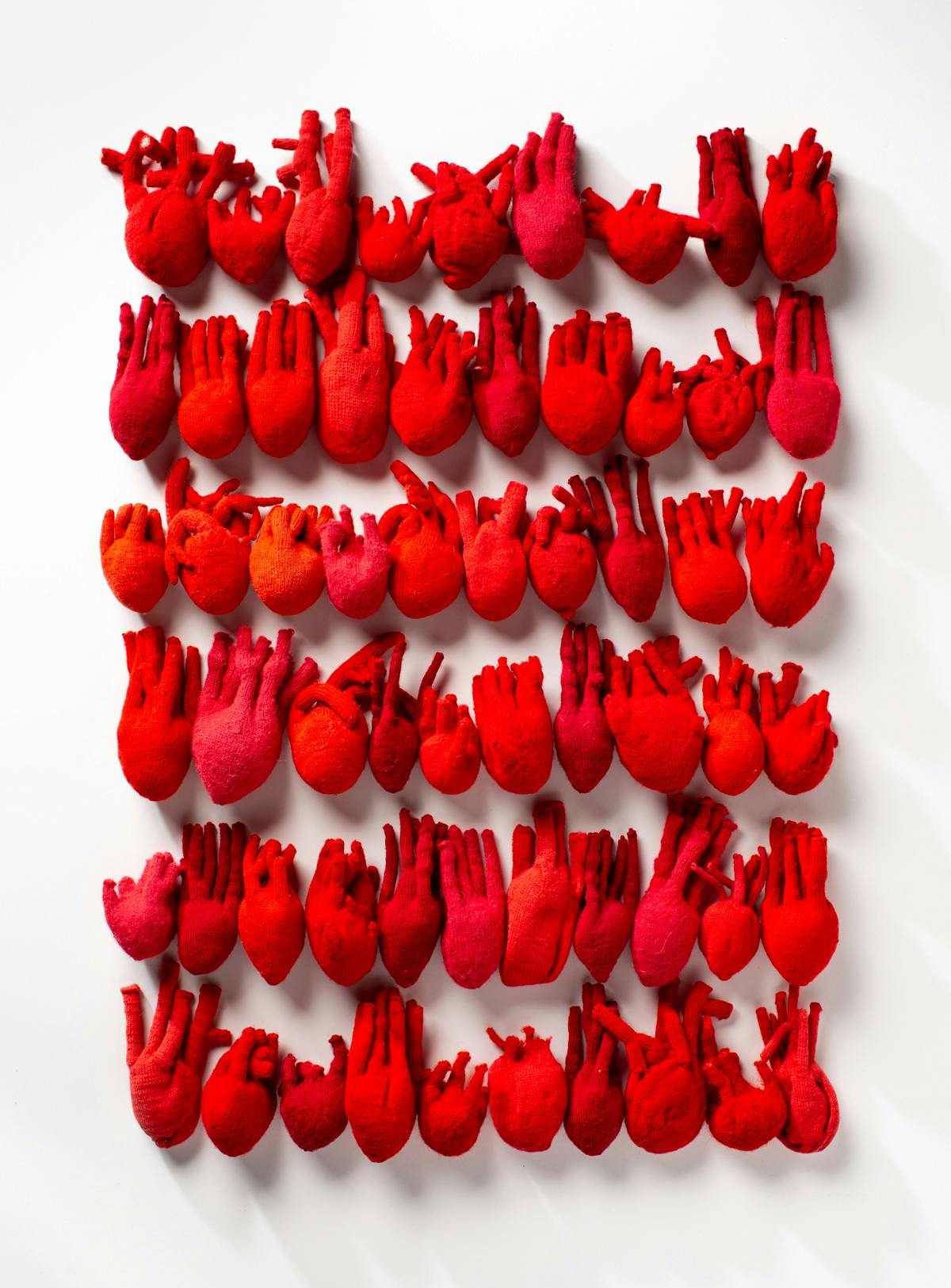 grid of red heart organs sculpted from felted wool arranged on a white wall