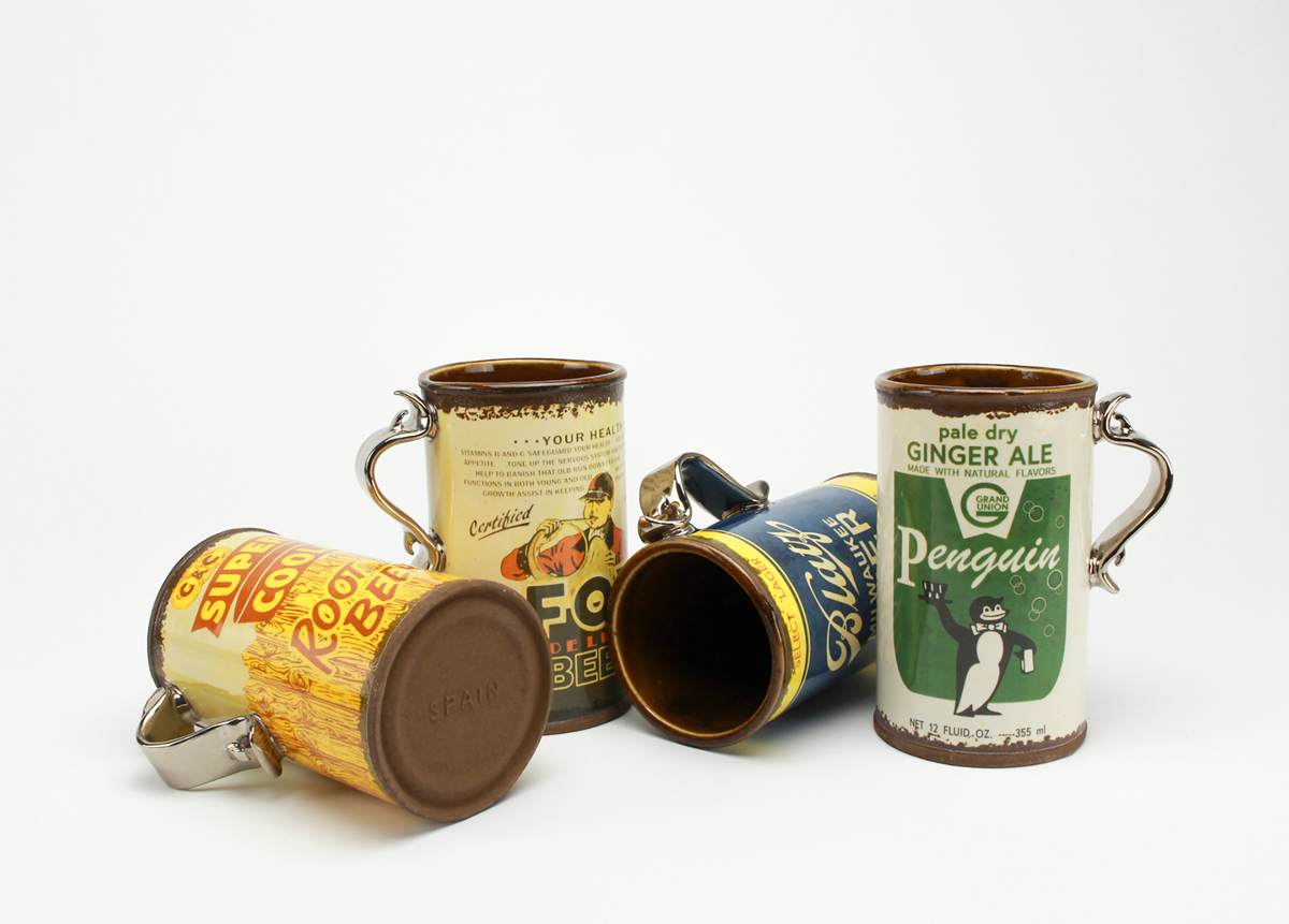 porcelain mugs replicating rusty old tin cans