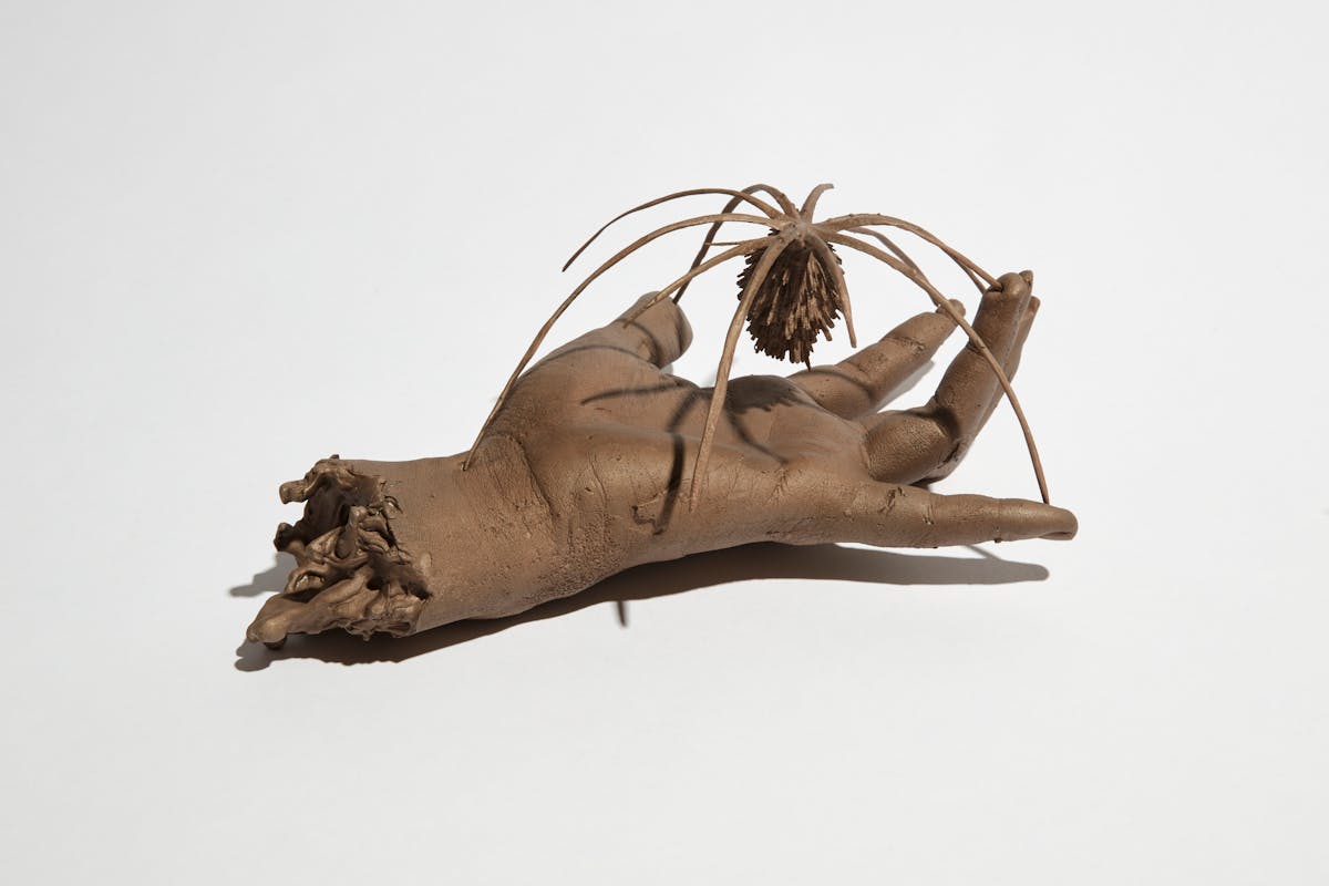 bronze sculpture of a hand with spiderlike organism straddling it