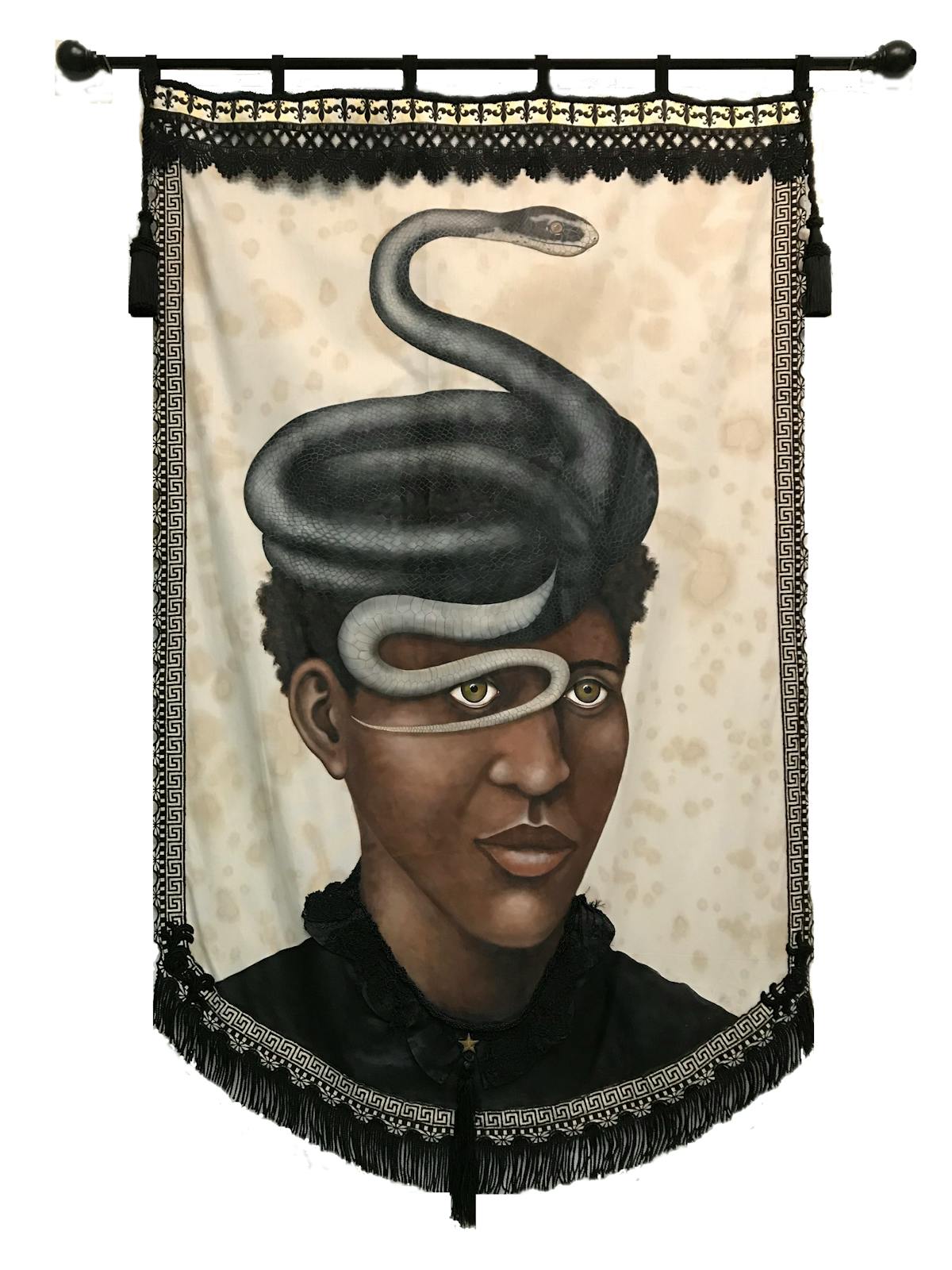tapestry of person with black snake coiled on their head