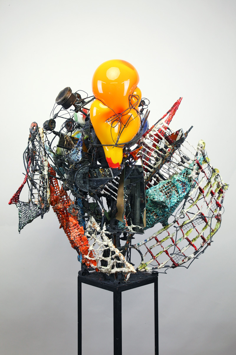 chaotic craft sculpture with various wire mesh and glass
