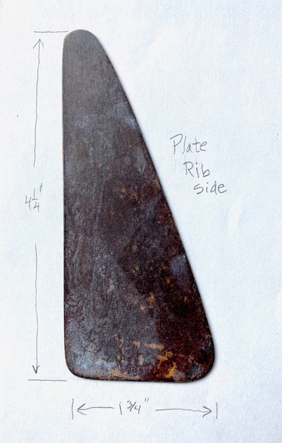 photo of a ceramists metal plate rib tool with measurements