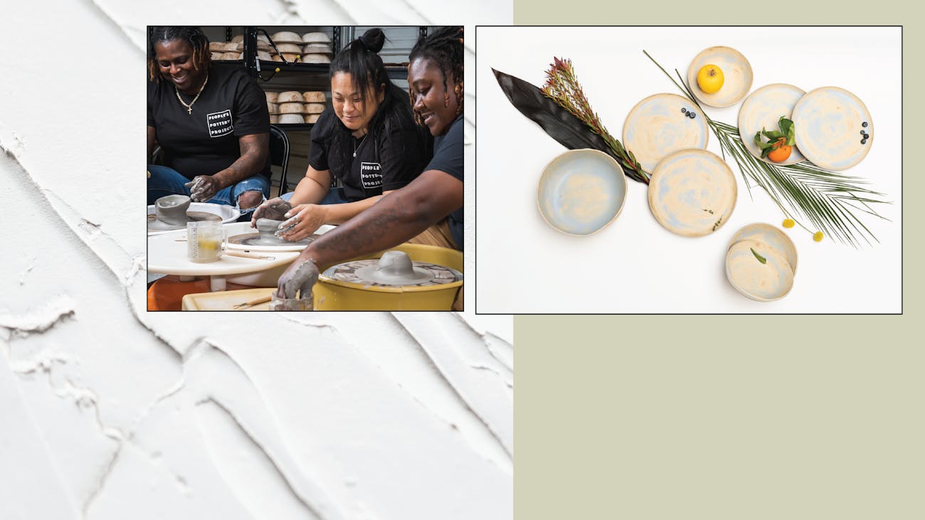 Page cover graphic with an image of group of people in matching black tshirts laughing and smiling while shaping pottery on wheels and an image of ceramic pieces arranged with leaves and various fruits