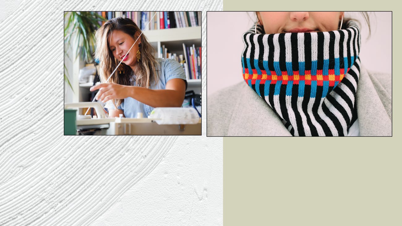 Page cover graphic with photos of an artist working at a loom and a model wearing a colorful woven cawl