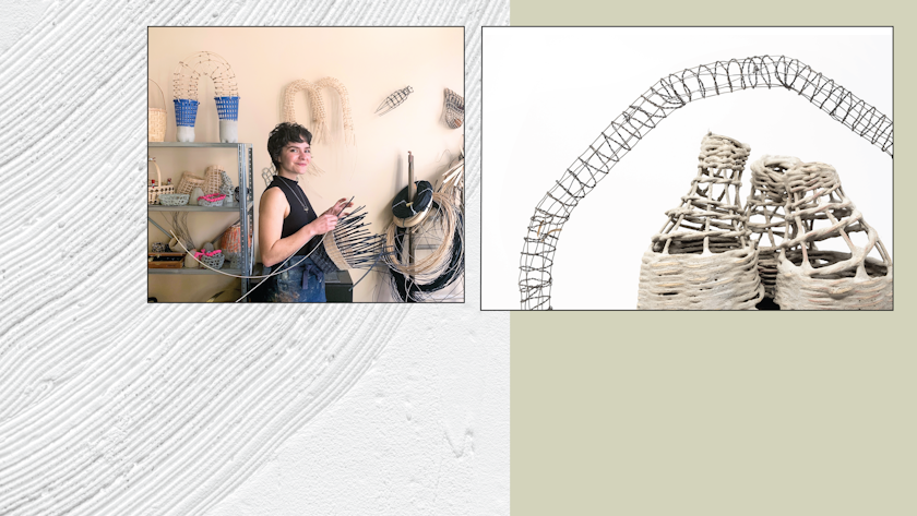 Page cover graphic with with artist in studio and sculptural basketry work